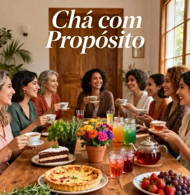 Arte do Chá com Propósito: mulheres em volta de uma mesa com chá, bolo e flores