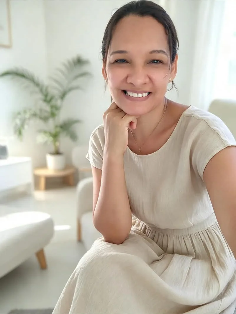 Joce Passos sorrindo, sentada numa sala clara